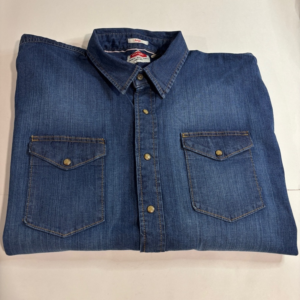 Wrangler Indigo Denim Western Pearl Shirt Long Sleeve Men's 2XL Chambray